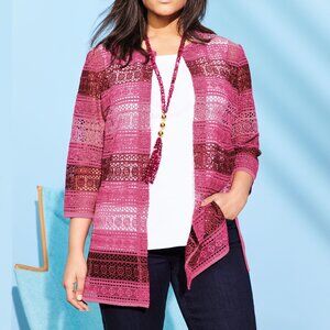 NWT MISOOK Women's Pink Striped Crochet Heritage Fit 3/4 Sleeve Jacket 1X XL